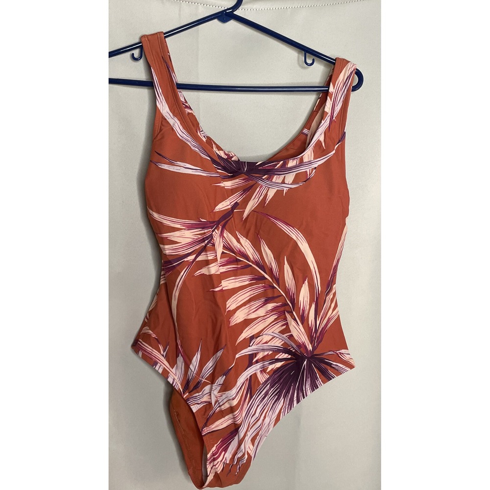 Kona Sol Womens Medium One Piece Swimsuit Orange Tropical Palm Keyhole Back NEW